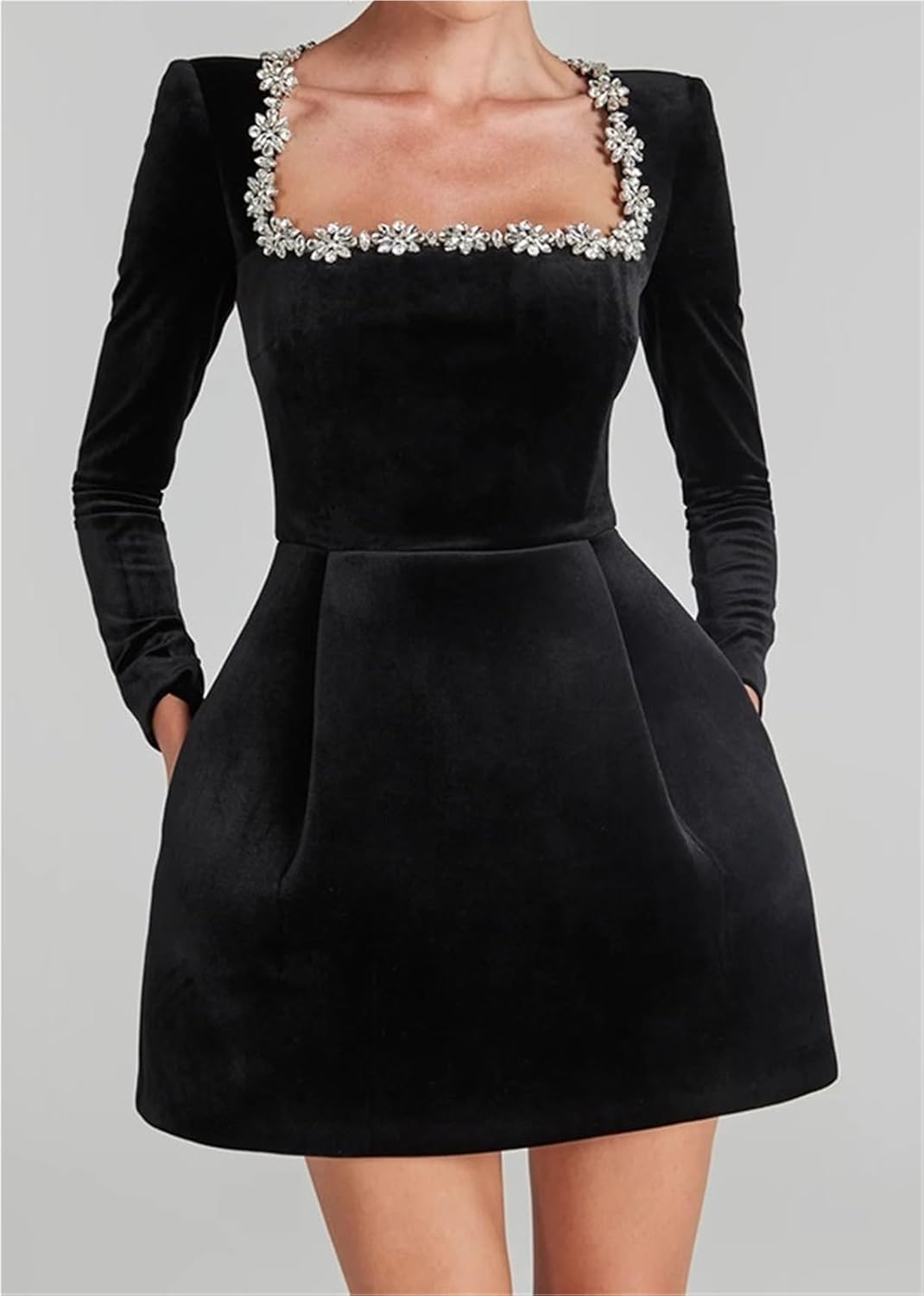 Crystal Square Neck Wedding Dresses for Brides Short Long Sleeve Prom Dress Velvet Wedding Guest Gown with Pockets