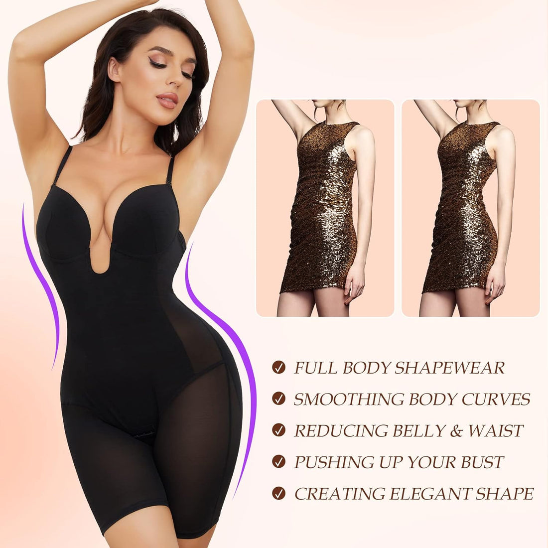 Body Shaper for Women Tummy Control U Plunge Backless Full Body Shapewear Mid Thigh Mesh strapless Bodysuit Top