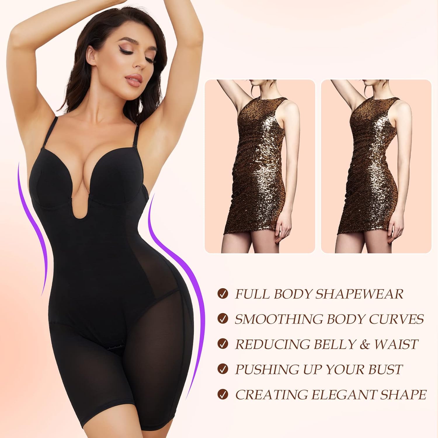 Body Shaper for Women Tummy Control U Plunge Backless Full Body Shapewear Mid Thigh Mesh strapless Bodysuit Top