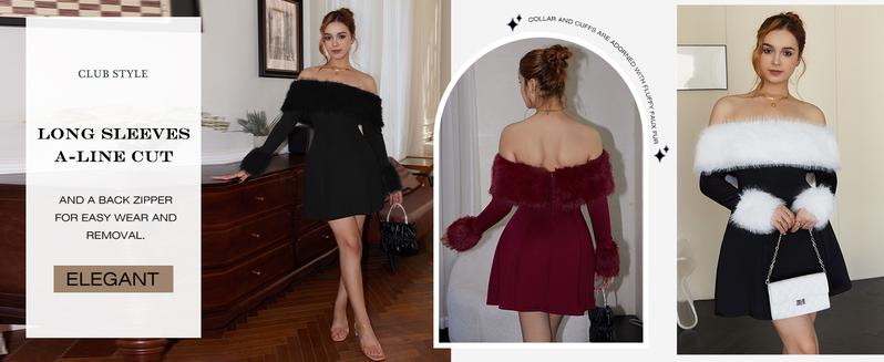 EASYBRA Women's Off Shoulder Long Sleeve Fur Trim A-Line Party Club Mini Dress