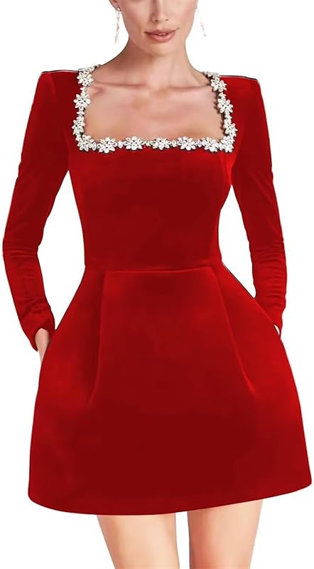 Crystal Square Neck Wedding Dresses for Brides Short Long Sleeve Prom Dress Velvet Wedding Guest Gown with Pockets