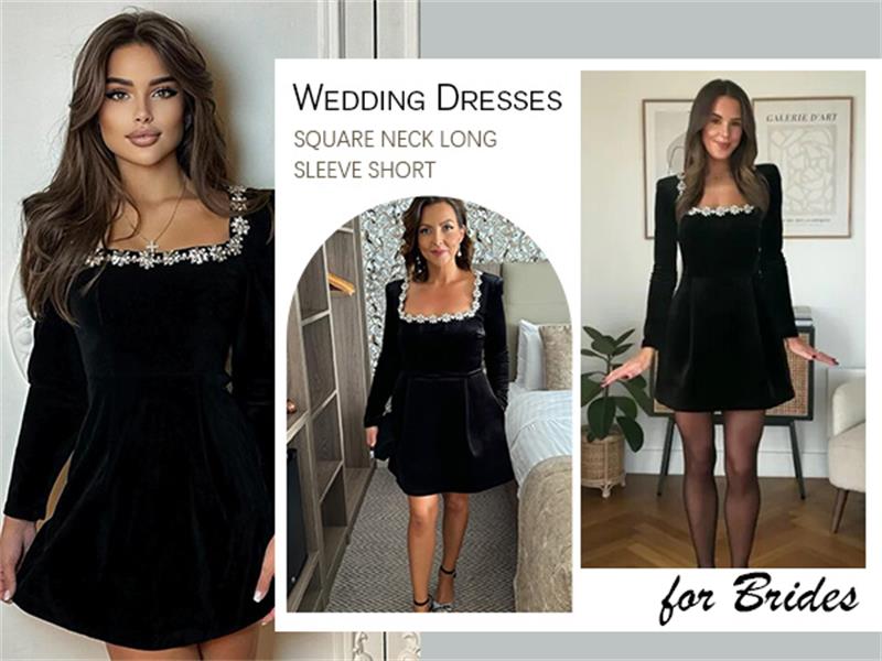 Crystal Square Neck Wedding Dresses for Brides Short Long Sleeve Prom Dress Velvet Wedding Guest Gown with Pockets