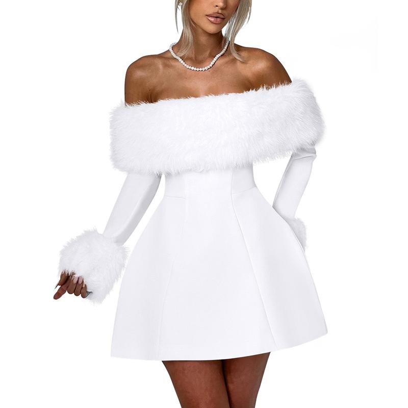 EASYBRA Women's Off Shoulder Long Sleeve Fur Trim A-Line Party Club Mini Dress