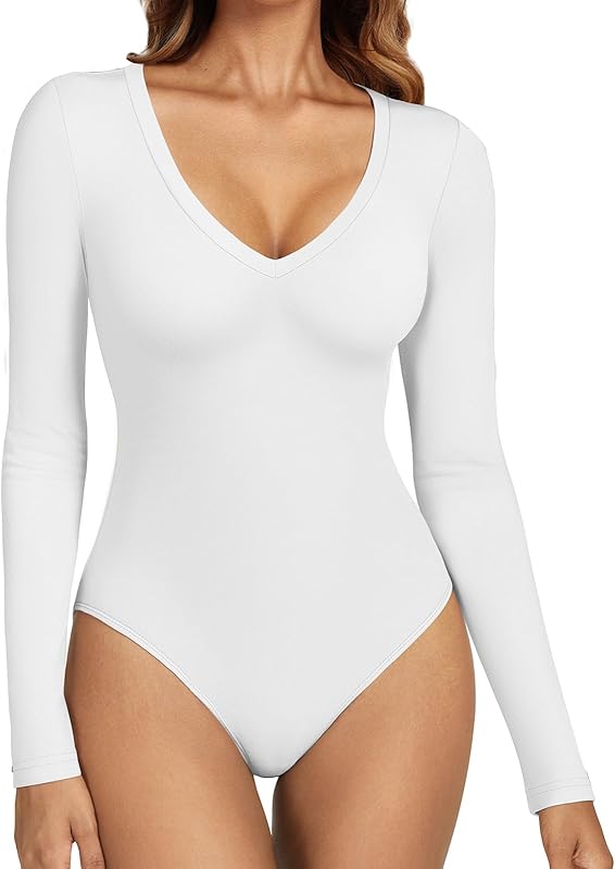Women’s Deep V-Neck Bodysuit – Sexy Long Sleeve Going Out Top