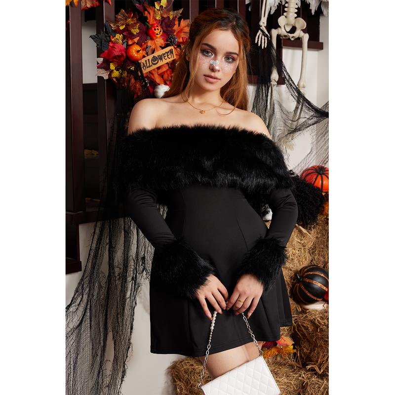 EASYBRA Women's Off Shoulder Long Sleeve Fur Trim A-Line Party Club Mini Dress