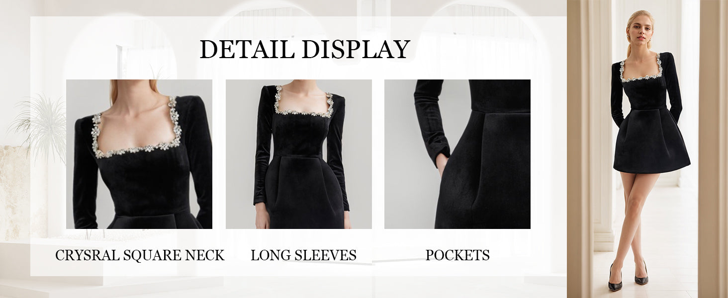 Crystal Square Neck Wedding Dresses for Brides Short Long Sleeve Prom Dress Velvet Wedding Guest Gown with Pockets