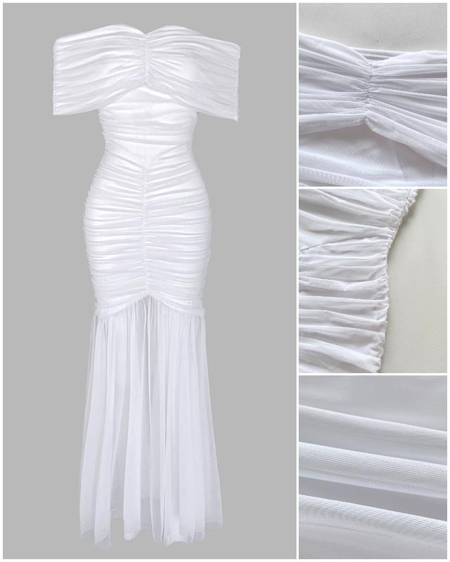 Foldover Off Shoulder Evening Dress with Ruched Waist & Mermaid Hem