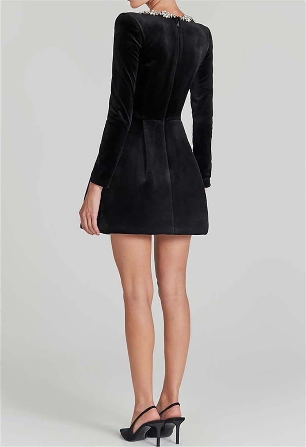 Crystal Square Neck Wedding Dresses for Brides Short Long Sleeve Prom Dress Velvet Wedding Guest Gown with Pockets