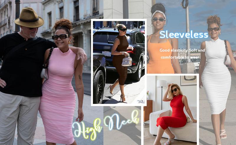 EASYBRA Women's Sexy Bodycon High Neck Sleeveless Ruched Midi Cocktail Party Dress Formal Womenswear