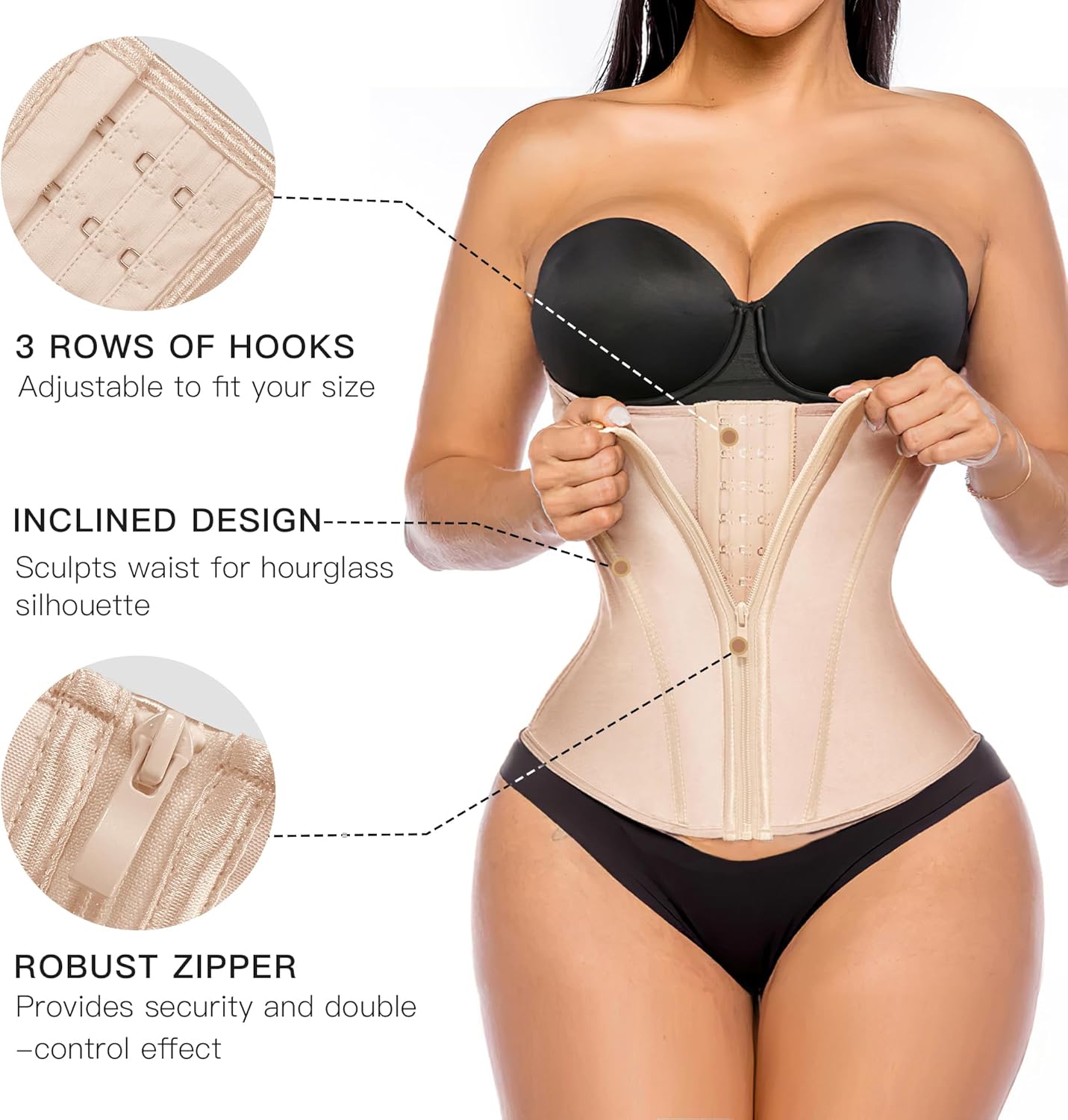 Waist Trainer for Women Latex Underbust Tummy Control Waist Cincher Corset Hourglass Body Shaper Zipper and Hooks
