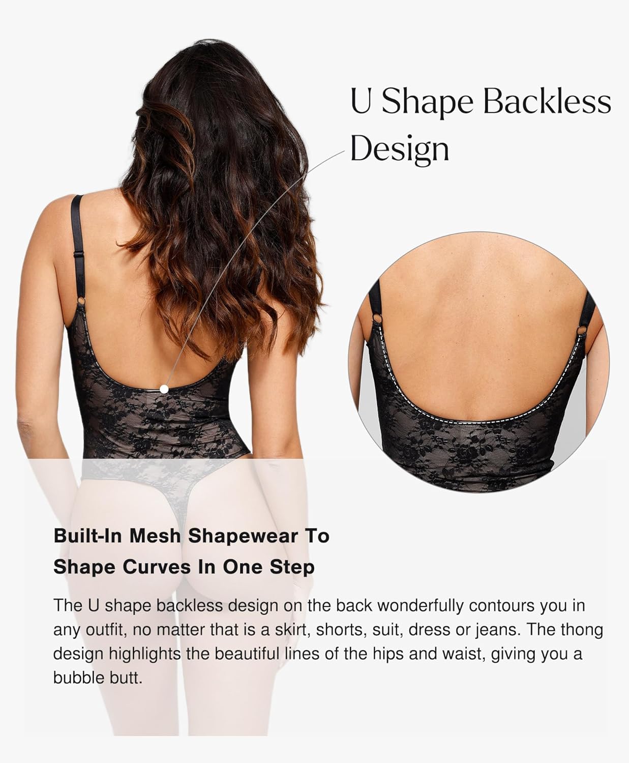 Women’s Lace Bodysuit – Deep V Neck Backless Tummy Control Shapewear