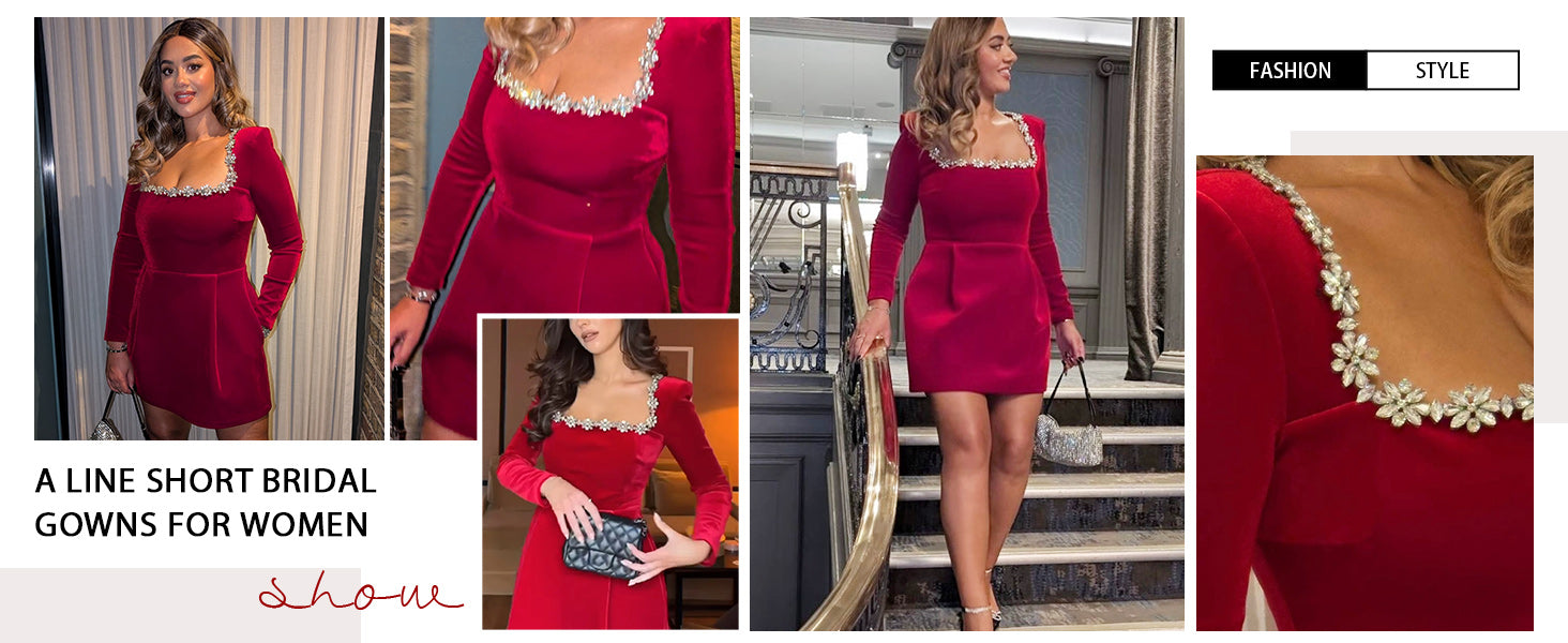 Crystal Square Neck Wedding Dresses for Brides Short Long Sleeve Prom Dress Velvet Wedding Guest Gown with Pockets