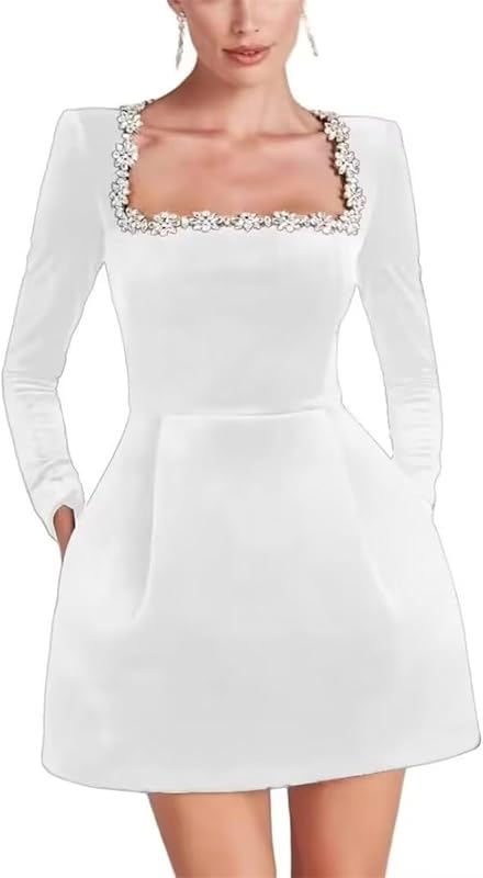 Crystal Square Neck Wedding Dresses for Brides Short Long Sleeve Prom Dress Velvet Wedding Guest Gown with Pockets
