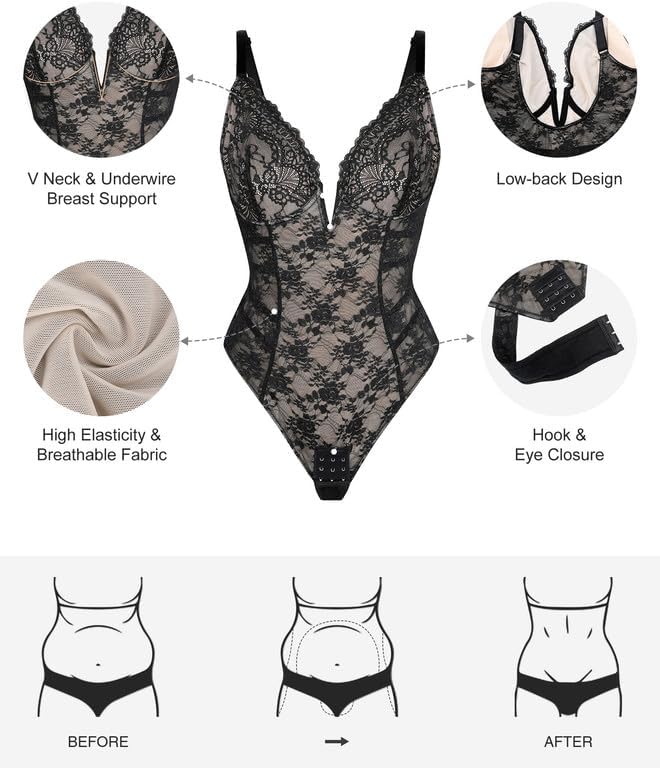 Women’s Lace Bodysuit – Deep V Neck Backless Tummy Control Shapewear