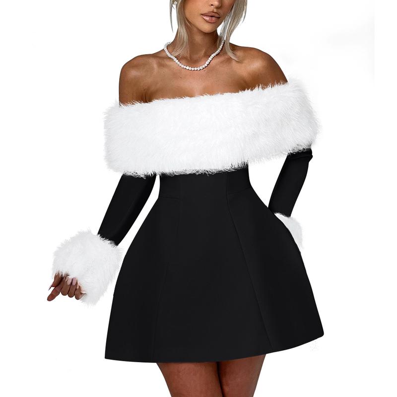 EASYBRA Women's Off Shoulder Long Sleeve Fur Trim A-Line Party Club Mini Dress