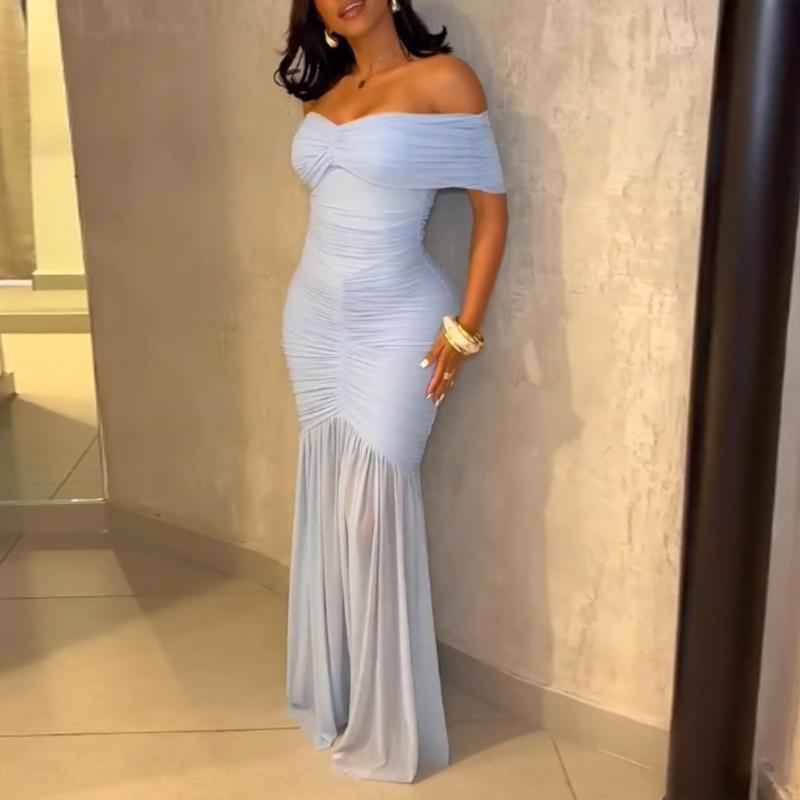 Foldover Off Shoulder Evening Dress with Ruched Waist & Mermaid Hem