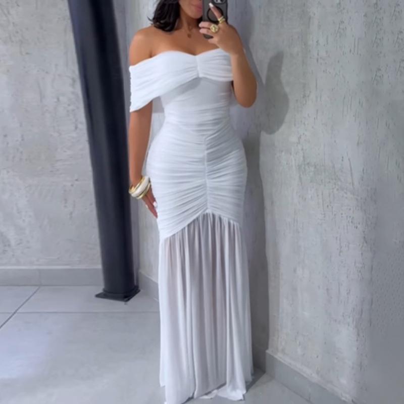 Foldover Off Shoulder Evening Dress with Ruched Waist & Mermaid Hem