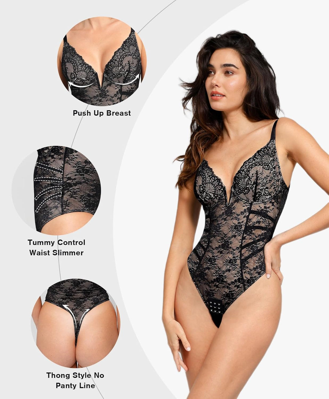 Women’s Lace Bodysuit – Deep V Neck Backless Tummy Control Shapewear
