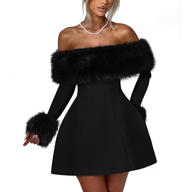 EASYBRA Women's Off Shoulder Long Sleeve Fur Trim A-Line Party Club Mini Dress