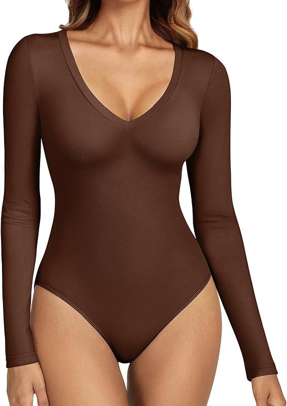 Women’s Deep V-Neck Bodysuit – Sexy Long Sleeve Going Out Top