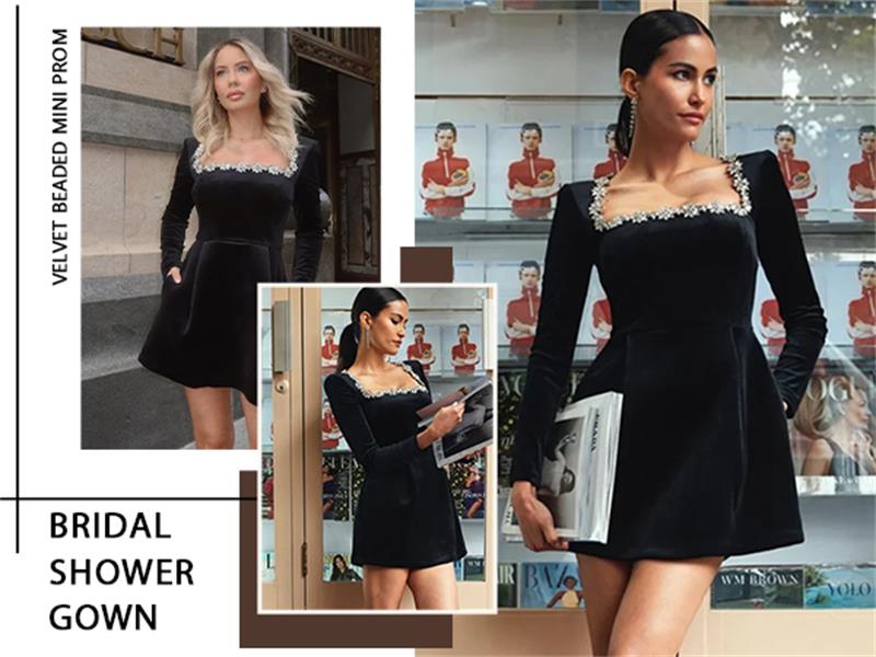 Crystal Square Neck Wedding Dresses for Brides Short Long Sleeve Prom Dress Velvet Wedding Guest Gown with Pockets