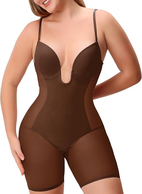 Body Shaper for Women Tummy Control U Plunge Backless Full Body Shapewear Mid Thigh Mesh strapless Bodysuit Top