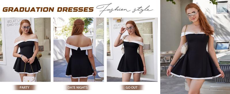 EASYBRA Women's Colorblock Off Shoulder A Line Dress, Party Club Mini Dresses,Ladies Summer Clothes