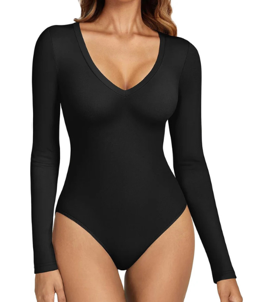 Women’s Deep V-Neck Bodysuit – Sexy Long Sleeve Going Out Top