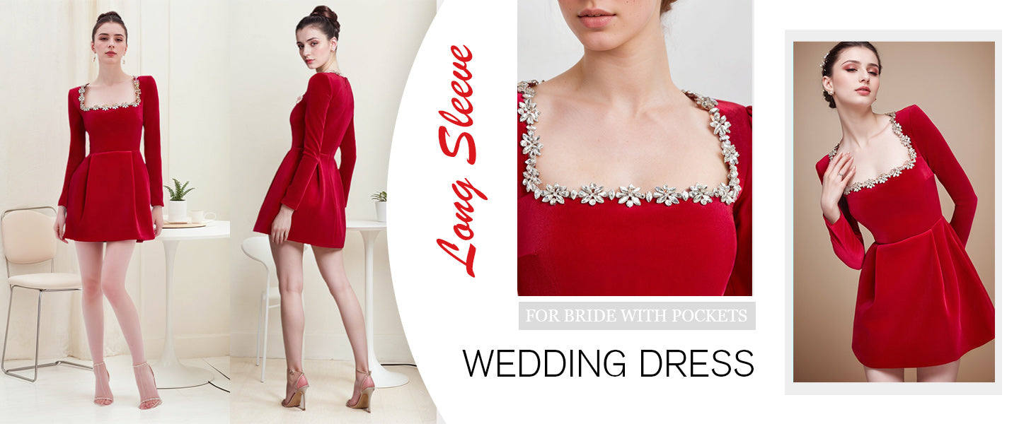 Crystal Square Neck Wedding Dresses for Brides Short Long Sleeve Prom Dress Velvet Wedding Guest Gown with Pockets