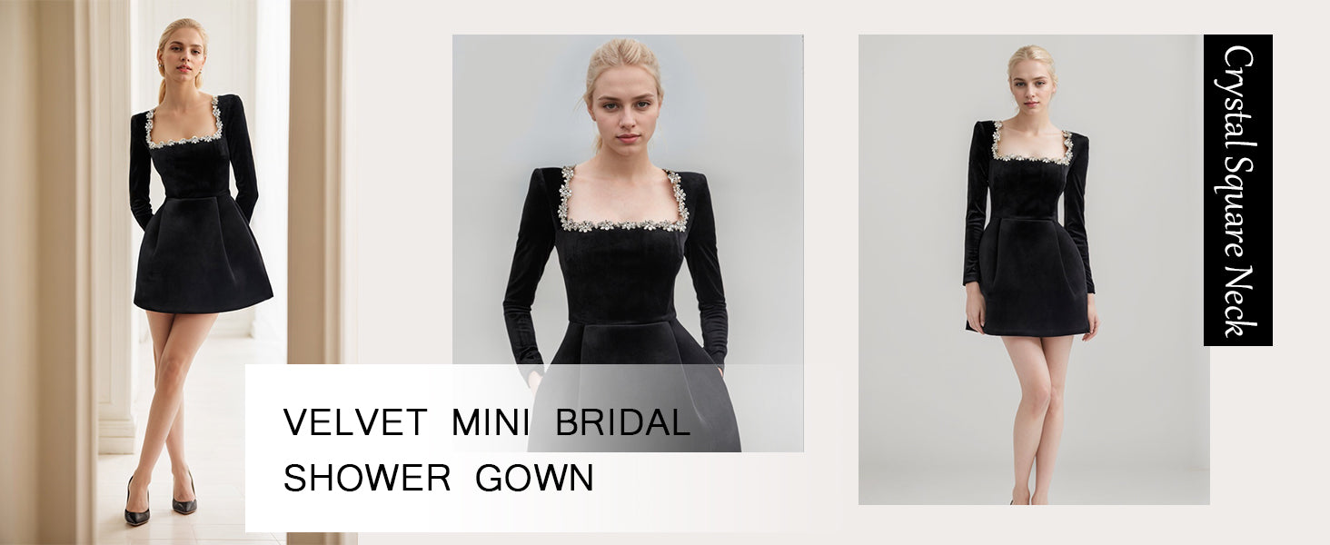 Crystal Square Neck Wedding Dresses for Brides Short Long Sleeve Prom Dress Velvet Wedding Guest Gown with Pockets