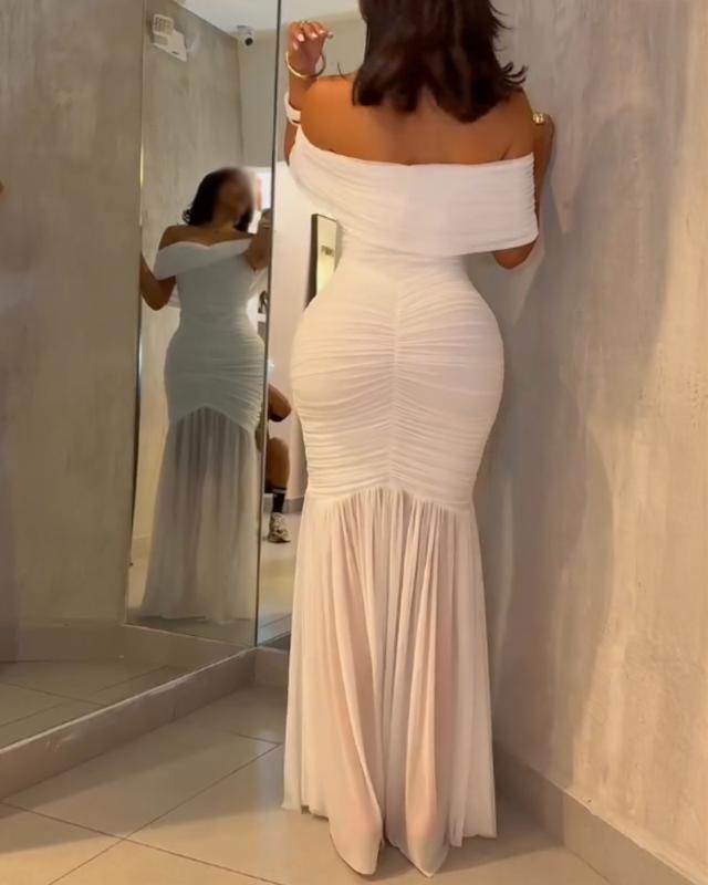 Foldover Off Shoulder Evening Dress with Ruched Waist & Mermaid Hem