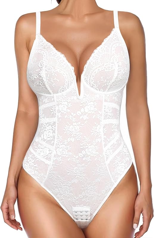 Women’s Lace Bodysuit – Deep V Neck Backless Tummy Control Shapewear