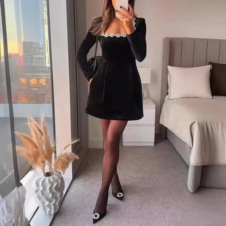 Crystal Square Neck Wedding Dresses for Brides Short Long Sleeve Prom Dress Velvet Wedding Guest Gown with Pockets