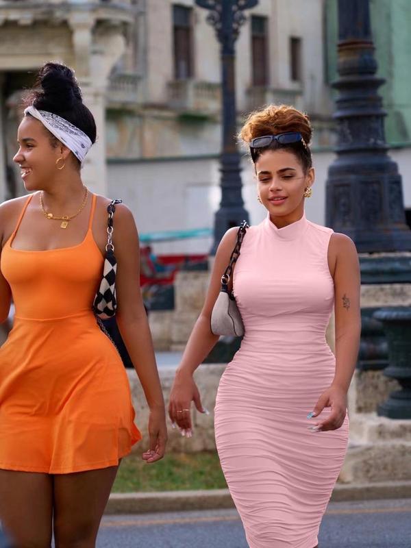 EASYBRA Women's Sexy Bodycon High Neck Sleeveless Ruched Midi Cocktail Party Dress Formal Womenswear