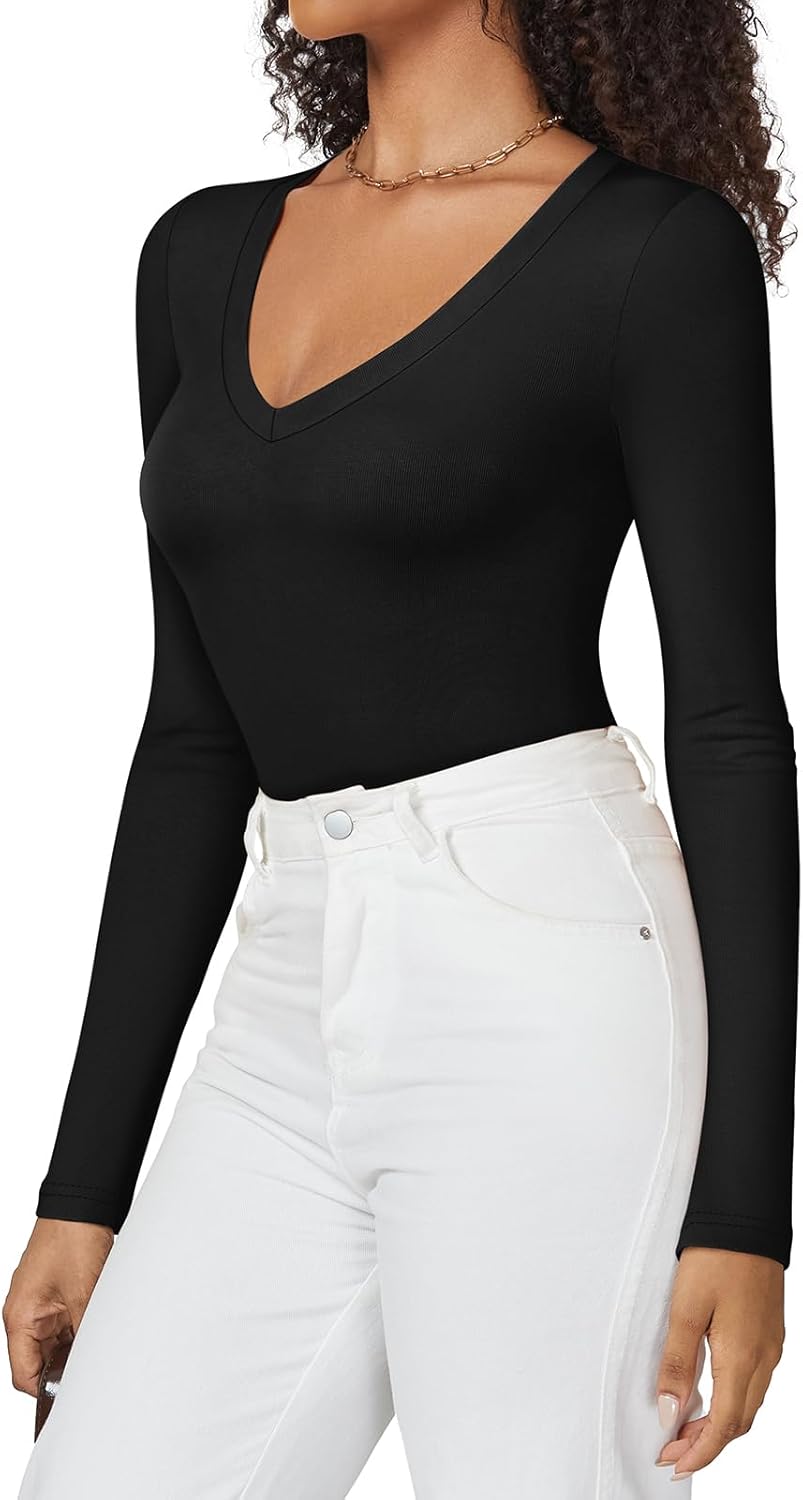 Women’s Deep V-Neck Bodysuit – Sexy Long Sleeve Going Out Top