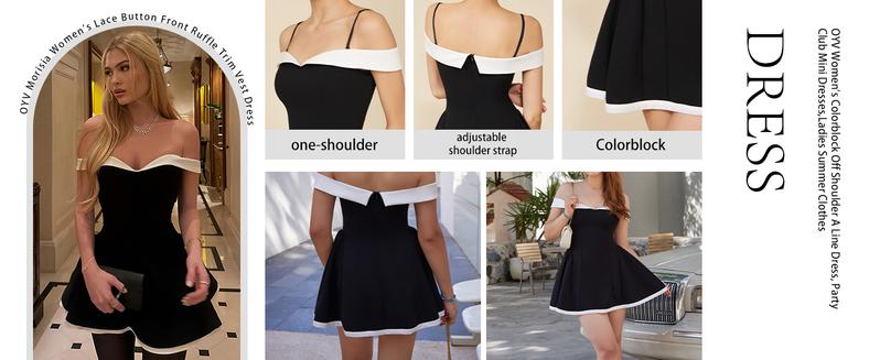 EASYBRA Women's Colorblock Off Shoulder A Line Dress, Party Club Mini Dresses,Ladies Summer Clothes